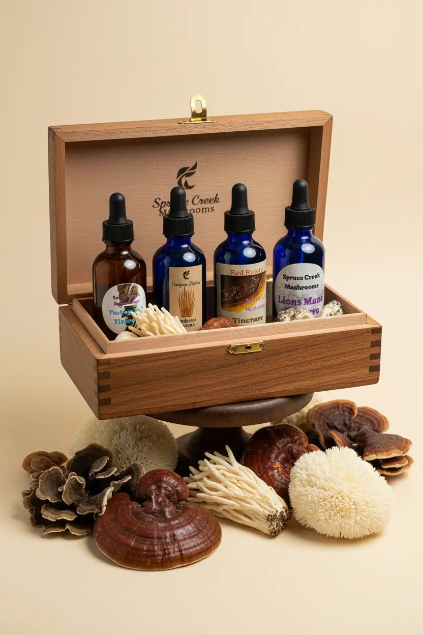 Four Tincture bottles propped up displayed in a vintage wooden box surrounded bu natural functional mushrooms.