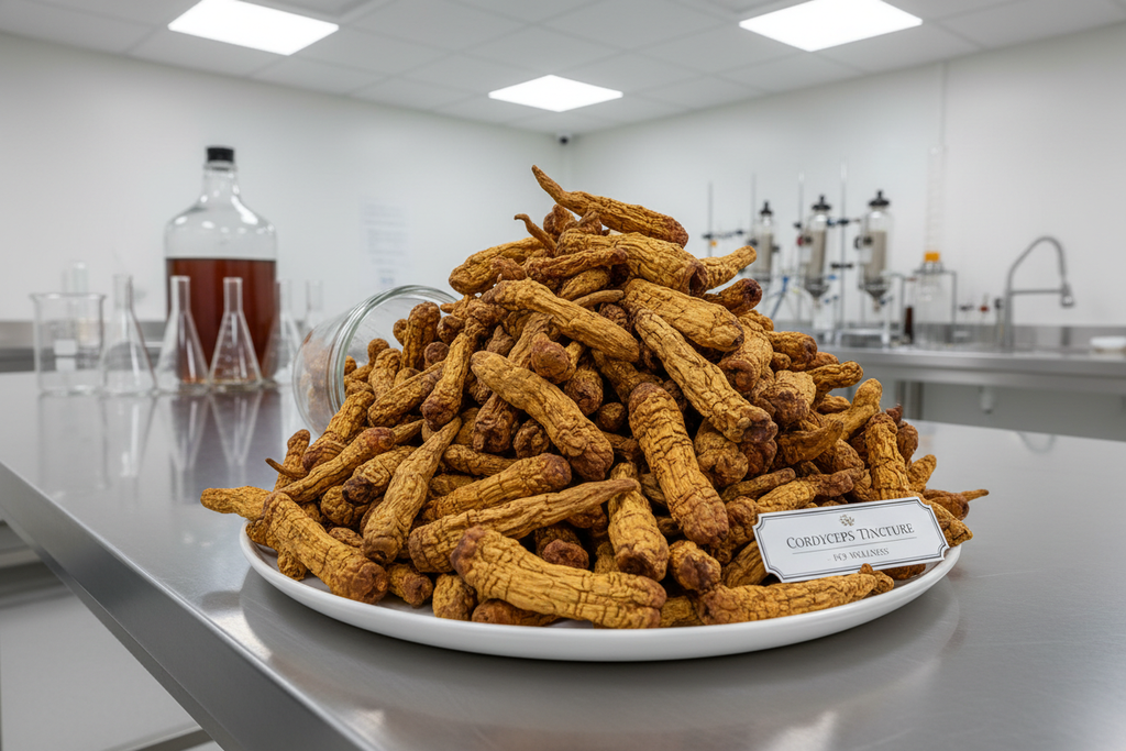 Avery large pile of dried cordyceps for tincture production