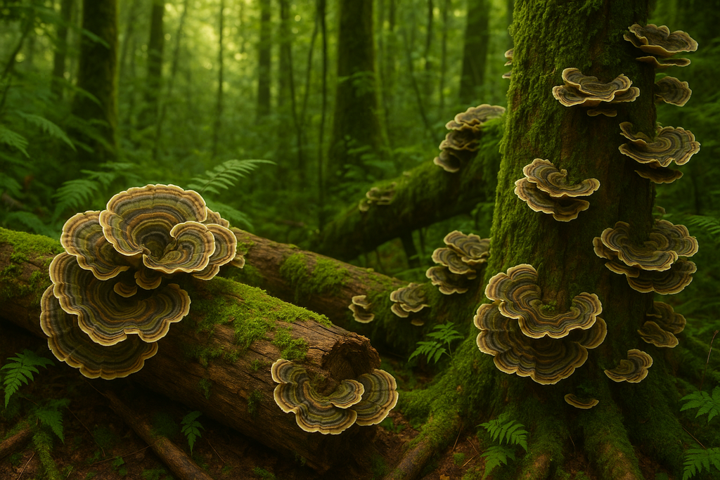 Fans of Turkey Tail Mushroom in a luscious green forest